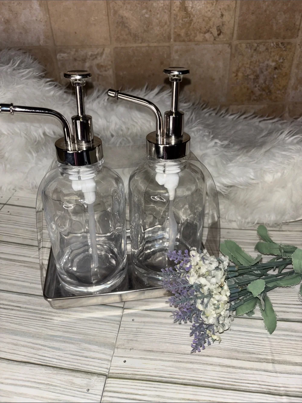 Elegant Silver Chrome Clear Soap Lotion Dispenser Set NEW